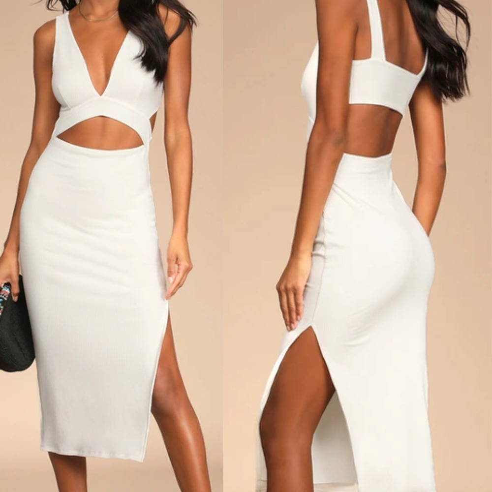 LULU'S S Divide and Contour White Ribbed Cutout Bodycon Midi Dress NEW 0b16